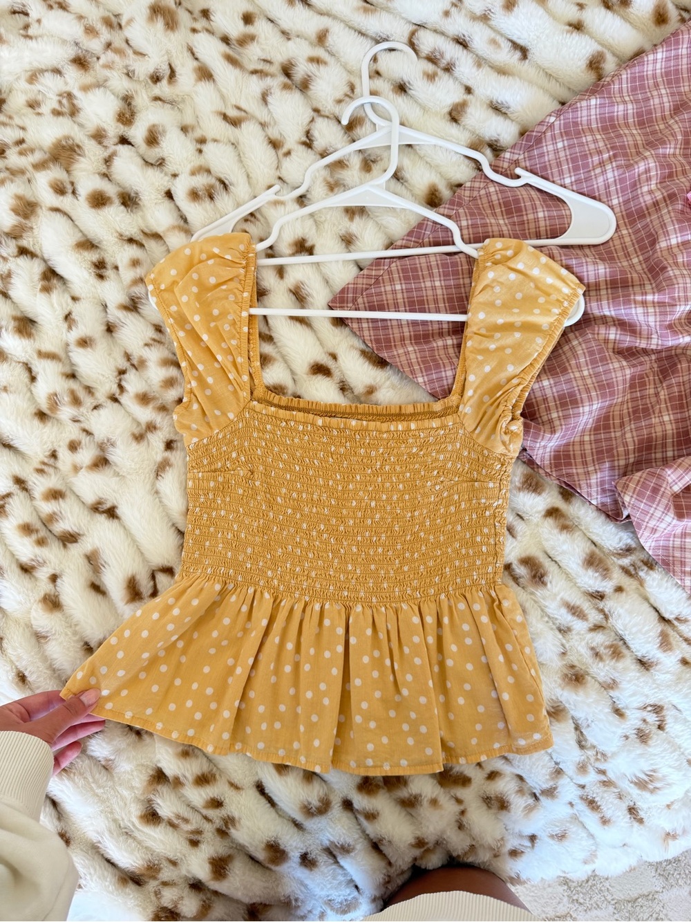 Abercrombie & Fitch Mustard Yellow Polka Dot Smocked Peplum Crop Top